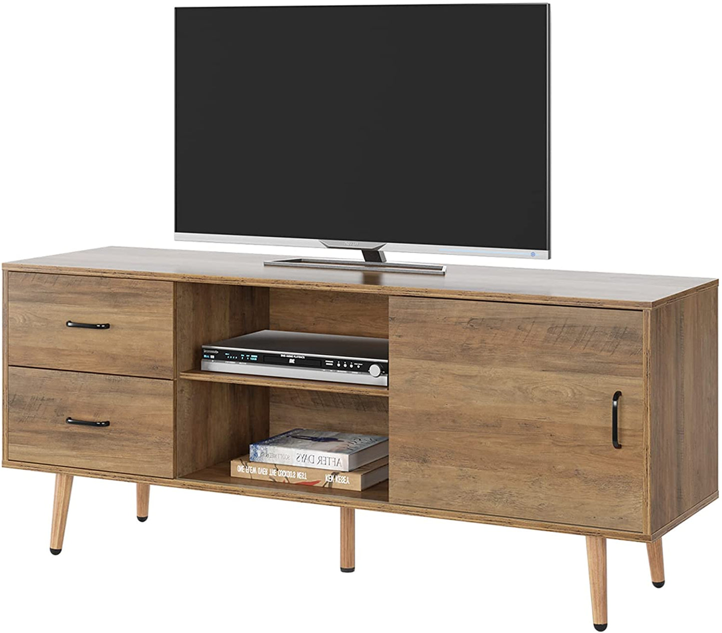 Tv Stand for 55 Inch Tv, Mid Century Modern Tv Stand, Tv Cabinets with Sliding Doors and Shelves, Media Console ,Wood Entertainment Center,Tv Stand with Drawers for Bedroom Living Room, Rustic Brown