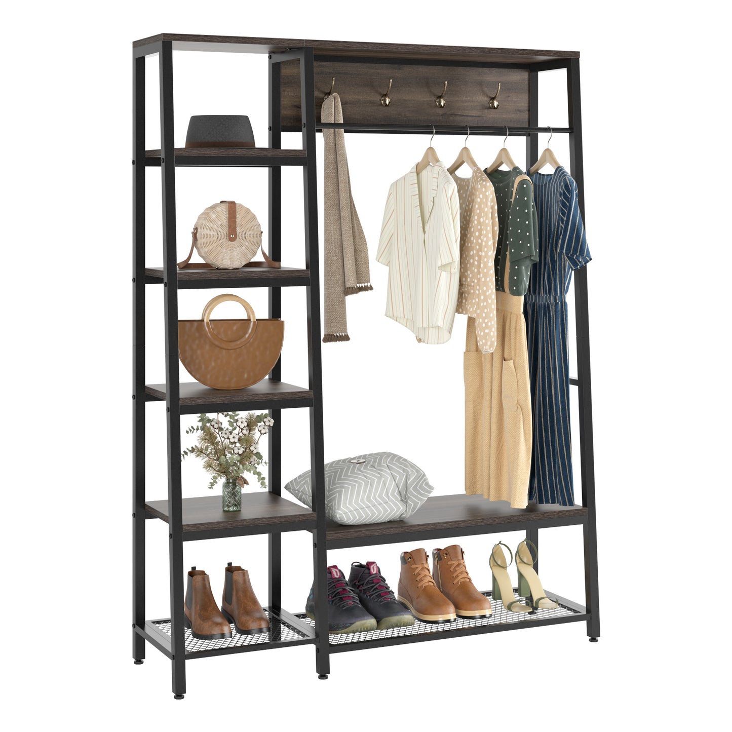 HOMECHO Hanging Clothes Rack with 7 Shelves, Free Standing Storage Closet with Metal Frame, Garment Rack for Bedroom, Dark Brown Finish